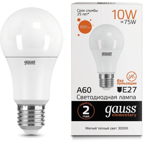 Светодиодная лампа Gauss LED Elementary A60 10W E27 2700K 23210